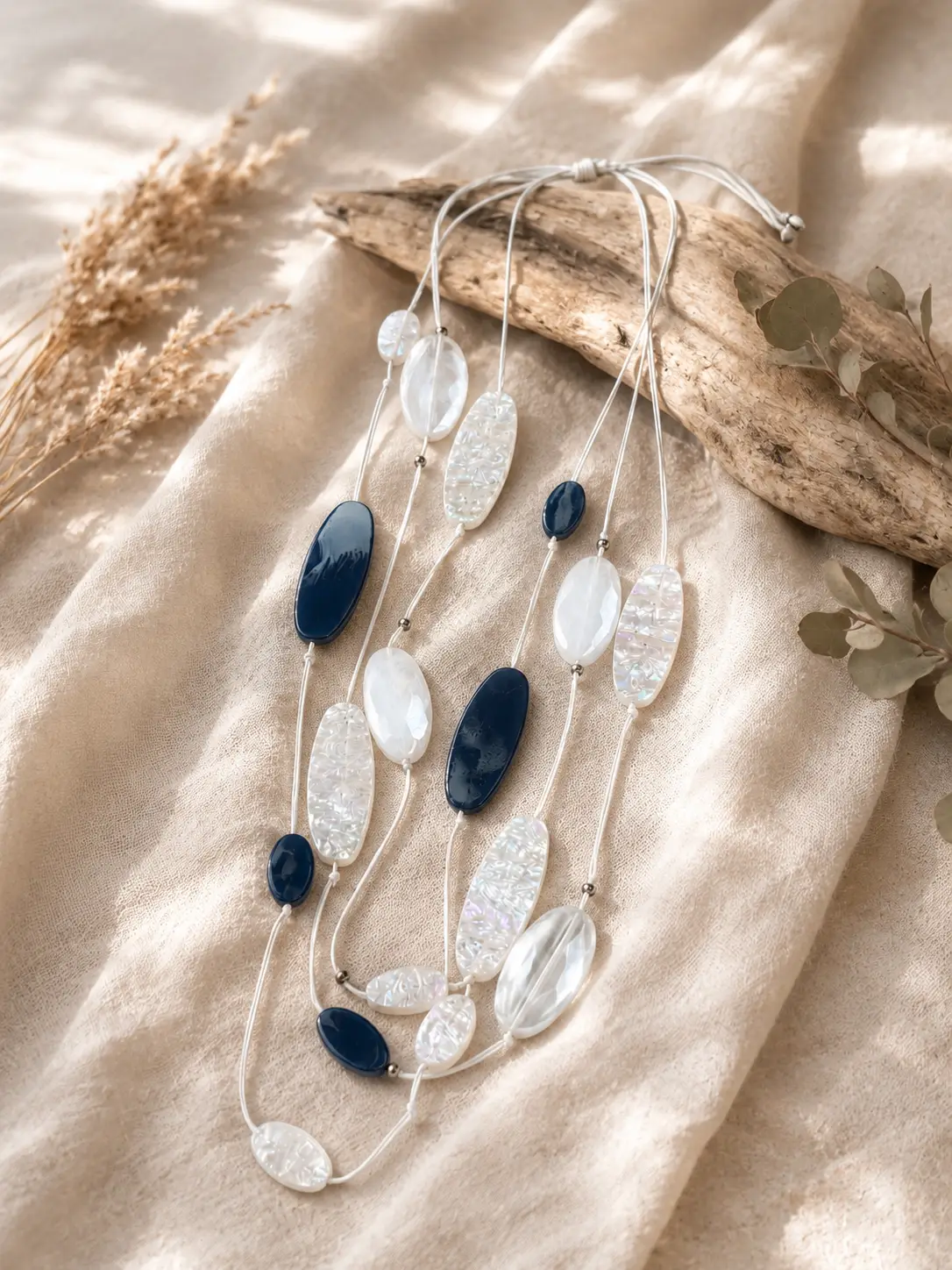 Collar Piedras Natural Azul Varias Vueltas Cordón Ajustable - Imagen 2