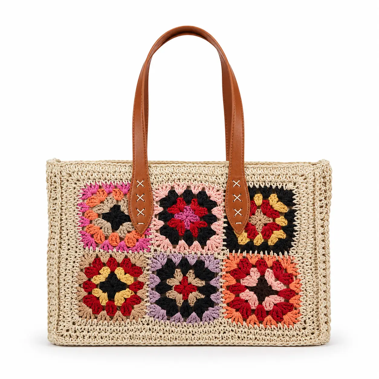 Bolso hilo vegetal con flores tonos negro
