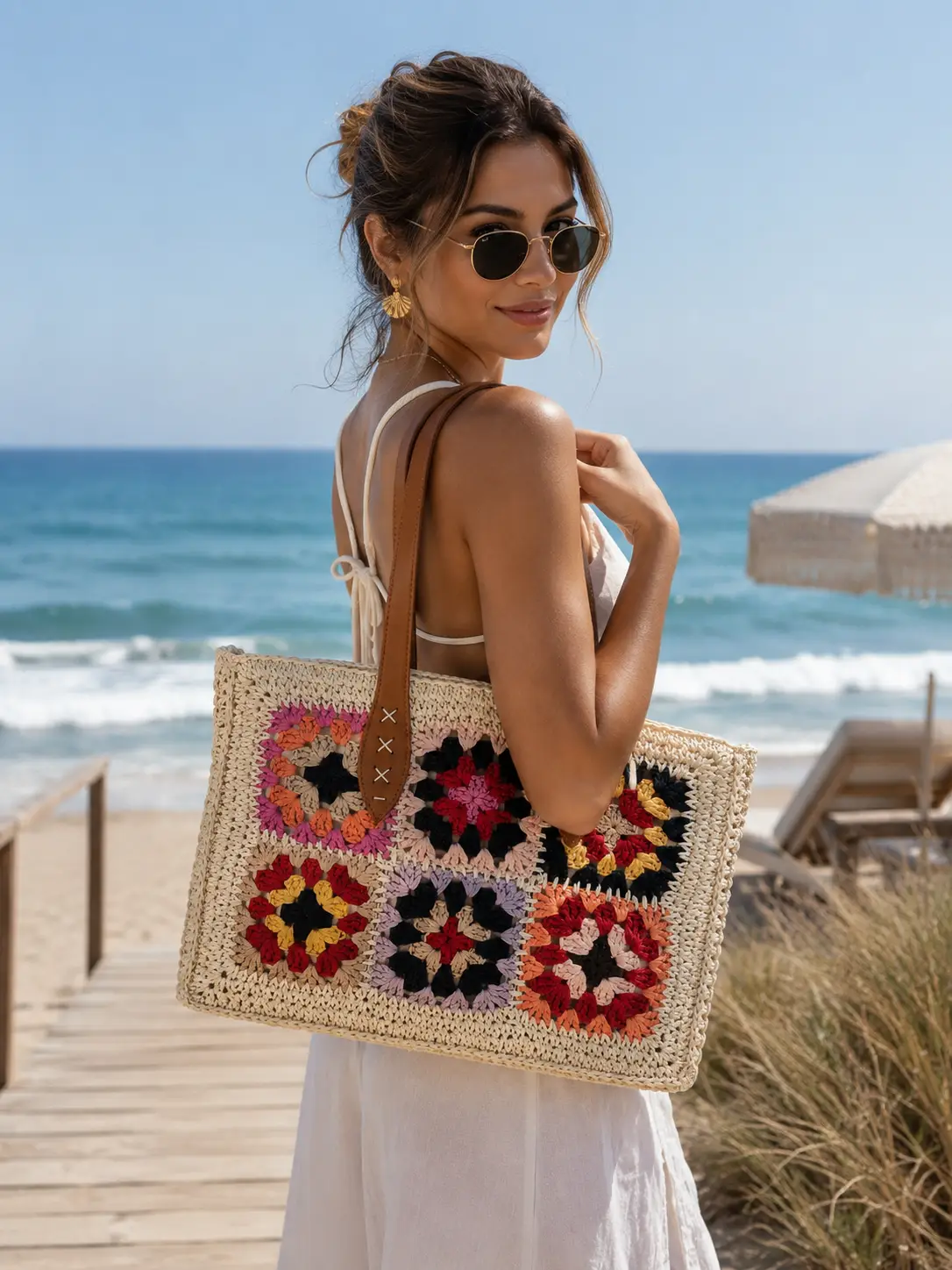 Bolso hilo vegetal con flores tonos negro - Imagen 5