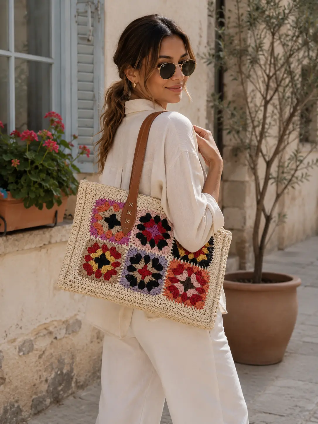 Bolso hilo vegetal con flores tonos negro - Imagen 8