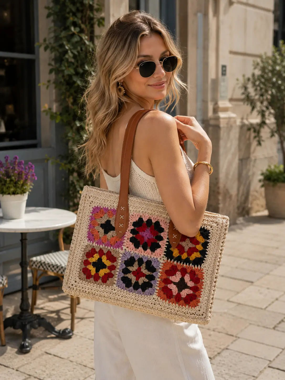 Bolso hilo vegetal con flores tonos negro - Imagen 6